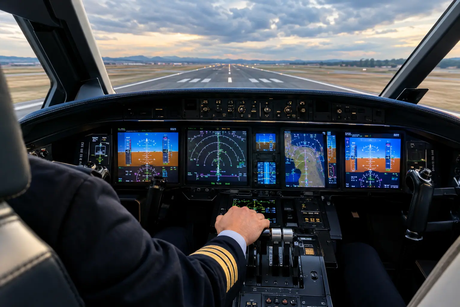 Business jet cockpit before departure