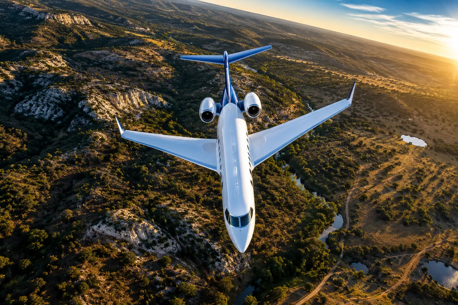Private jet climbing out over San Antonio