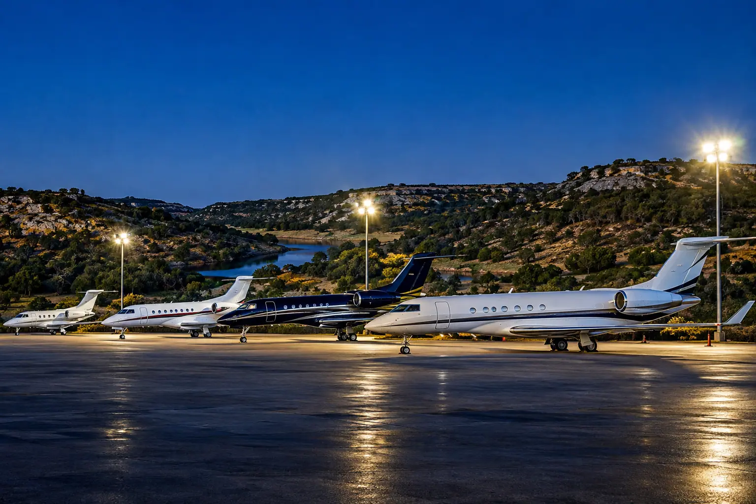 Business jets of different sizes on a ramp